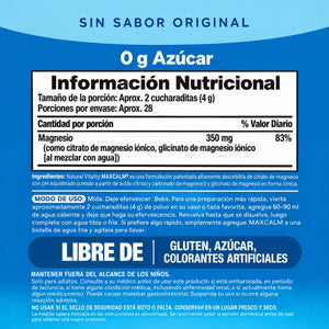 Magnesio Glicinato + Citrato en Polvo Original MaxCALM Sin Sabor 113 gr | 28 servicios