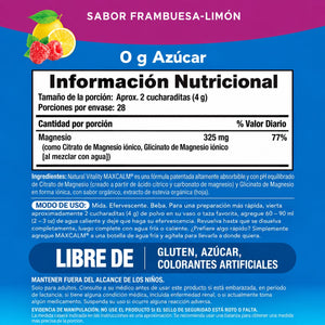 Magnesio Glicinato + Citrato en Polvo efervescente - Sabor Frambuesa-Limón 227 gr | 28 servicios