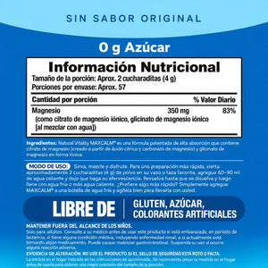 Magnesio Glicinato + Citrato en Polvo Original MaxCALM Sin Sabor 227 gr | 57 servicios